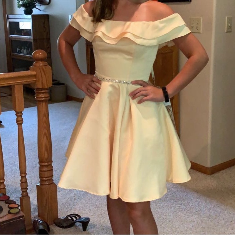 Mori Lee yellow homecoming dress